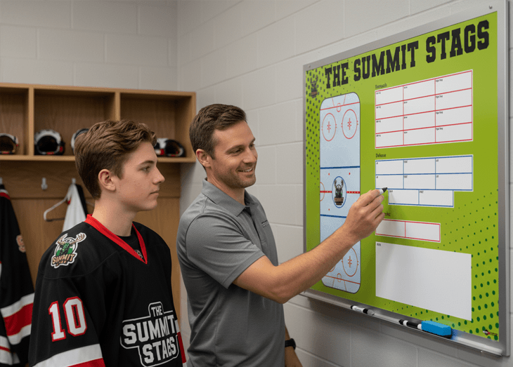 A hockey coach mentors a young player in a locker room, both looking at a 'Sterling City Sabers' whiteboard. The surrounding text emphasizes that this is where tradition is built, and it's a testament to the team's legacy.