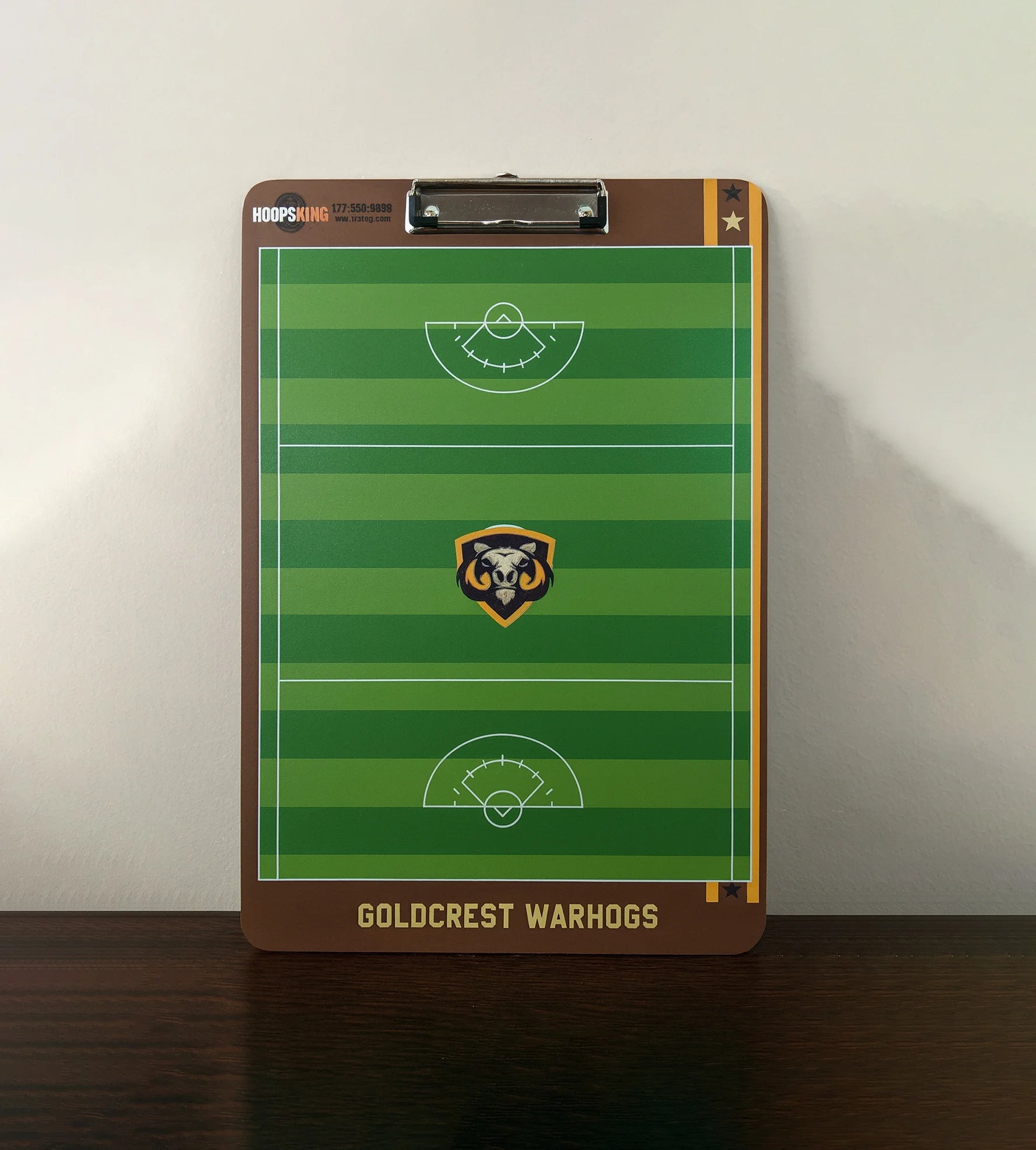 Durable custom lacrosse clipboard with field markings and magnetic dry-erase finish.