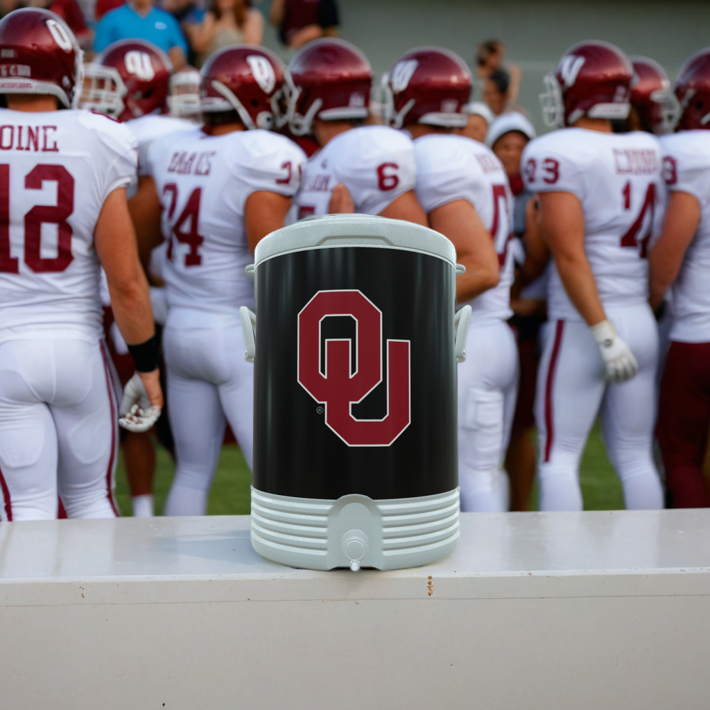 Custom-designed 5-gallon cooler featuring a team logo and durable vinyl wrap.