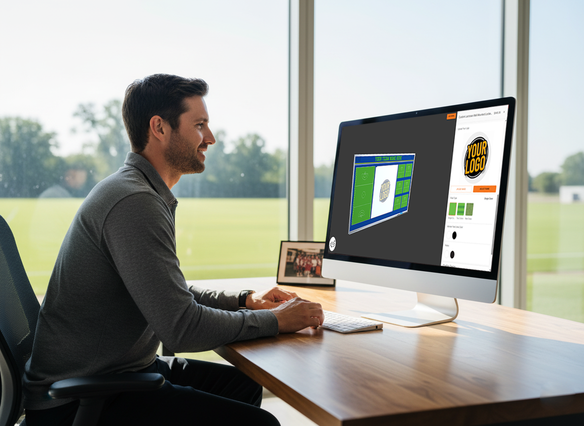 A woman in a professional office setting designs the 'Sterling Sentinels' team logo on a computer. The webpage section is titled 'The 3D Command Center: Design Your Legacy,' promoting a design tool for creating team icons, with a call-to-action to a Shopify App.