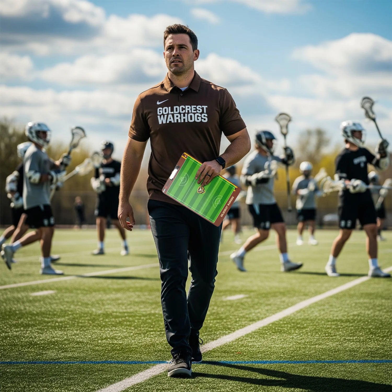 Personalized lacrosse clipboard for coaches, featuring full-color team logo and field layout.
