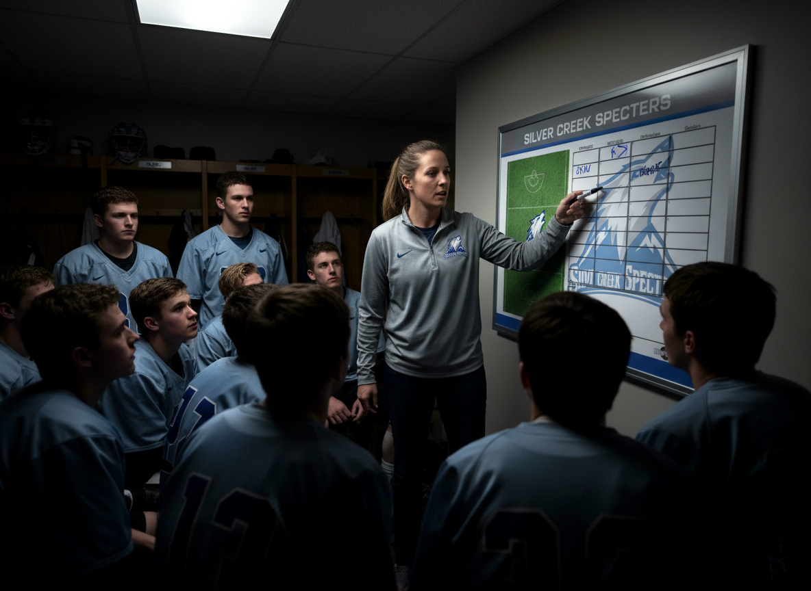 A lacrosse coach teaching his team using a large, wall-mounted custom magnetic dry-erase board during an intense strategy session in a locker room. The coach points to a play diagrammed on the board, which is branded for the 'Northgate Titans' team.