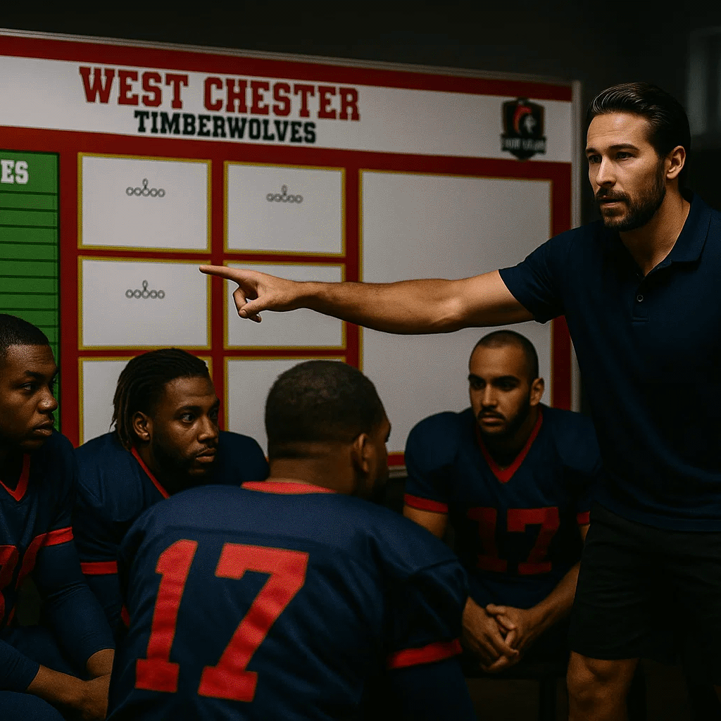 A football coach stands and points to a large, custom West Chester Timberwolves strategy whiteboard while addressing his seated team in a locker room meeting.
