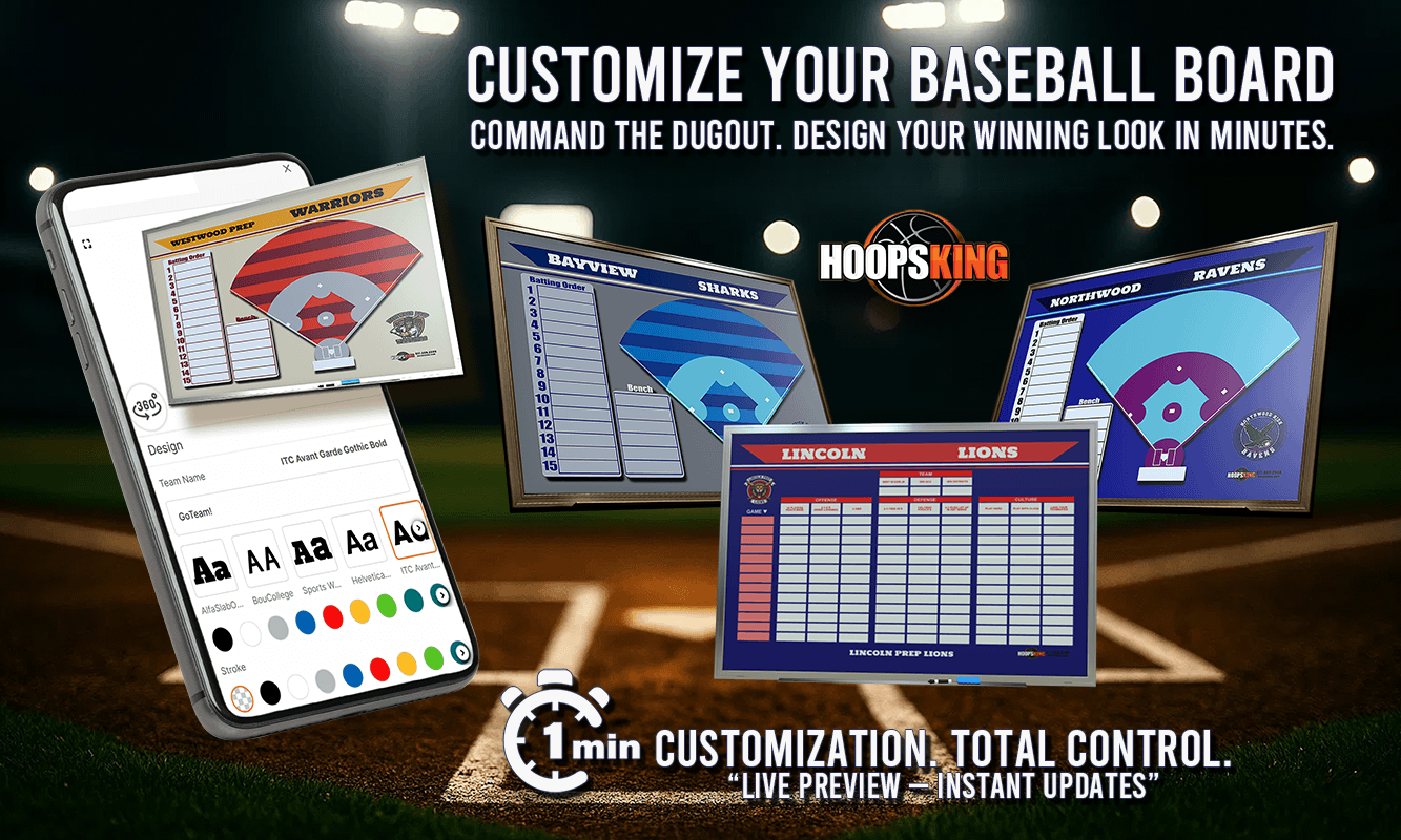 An image advertising HoopsKing's custom basketball coaching boards. On the left, a smartphone displays an easy-to-use design tool, while on the right, several finished personalized basketball clipboards with various team logos and colors are shown.