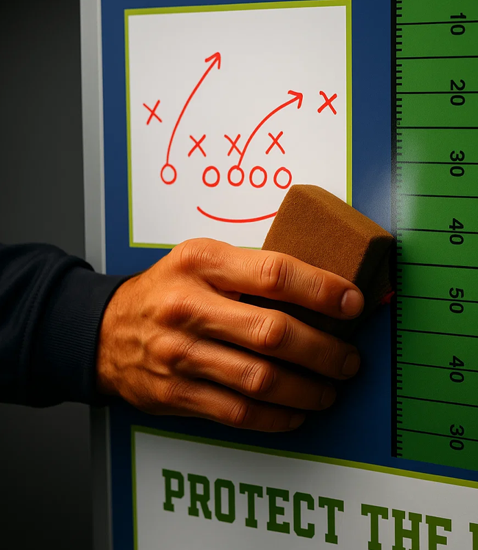 Close-up of a hand using a felt eraser to wipe a red dry-erase football play diagram from a coaching whiteboard.