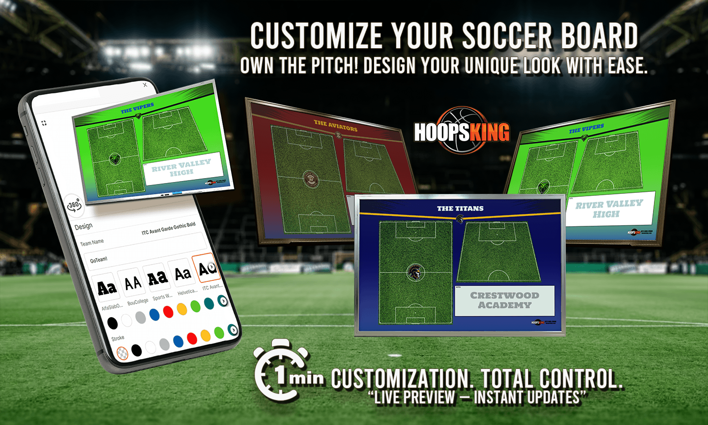 An image advertising HoopsKing's custom basketball coaching boards. On the left, a smartphone displays an easy-to-use design tool, while on the right, several finished personalized basketball clipboards with various team logos and colors are shown.