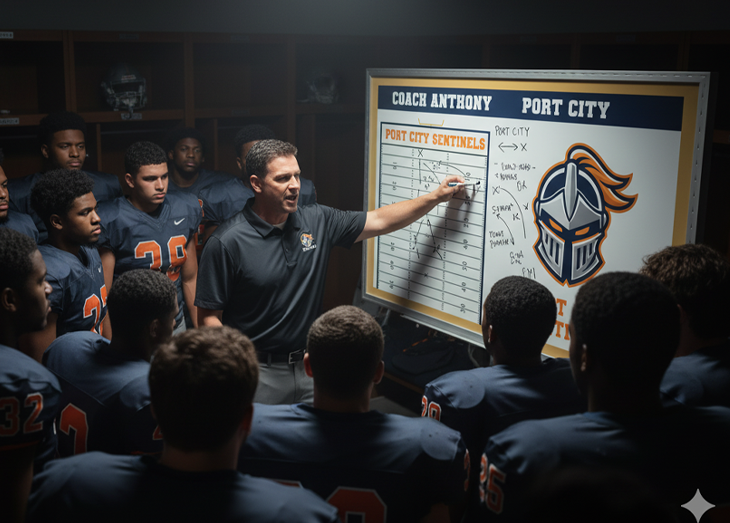 A hockey coach mentors a young player in a locker room, both looking at a 'Sterling City Sabers' whiteboard. The surrounding text emphasizes that this is where tradition is built, and it's a testament to the team's legacy.