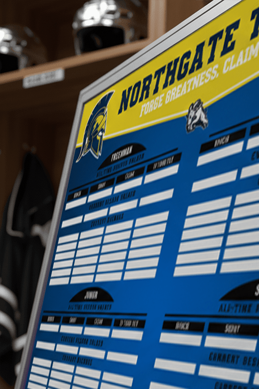 A promotional image showcasing a custom 'Sterling CIT' hockey whiteboard in a locker room setting. The text highlights how championship programs use professional, customized tools to build a strong team identity and culture