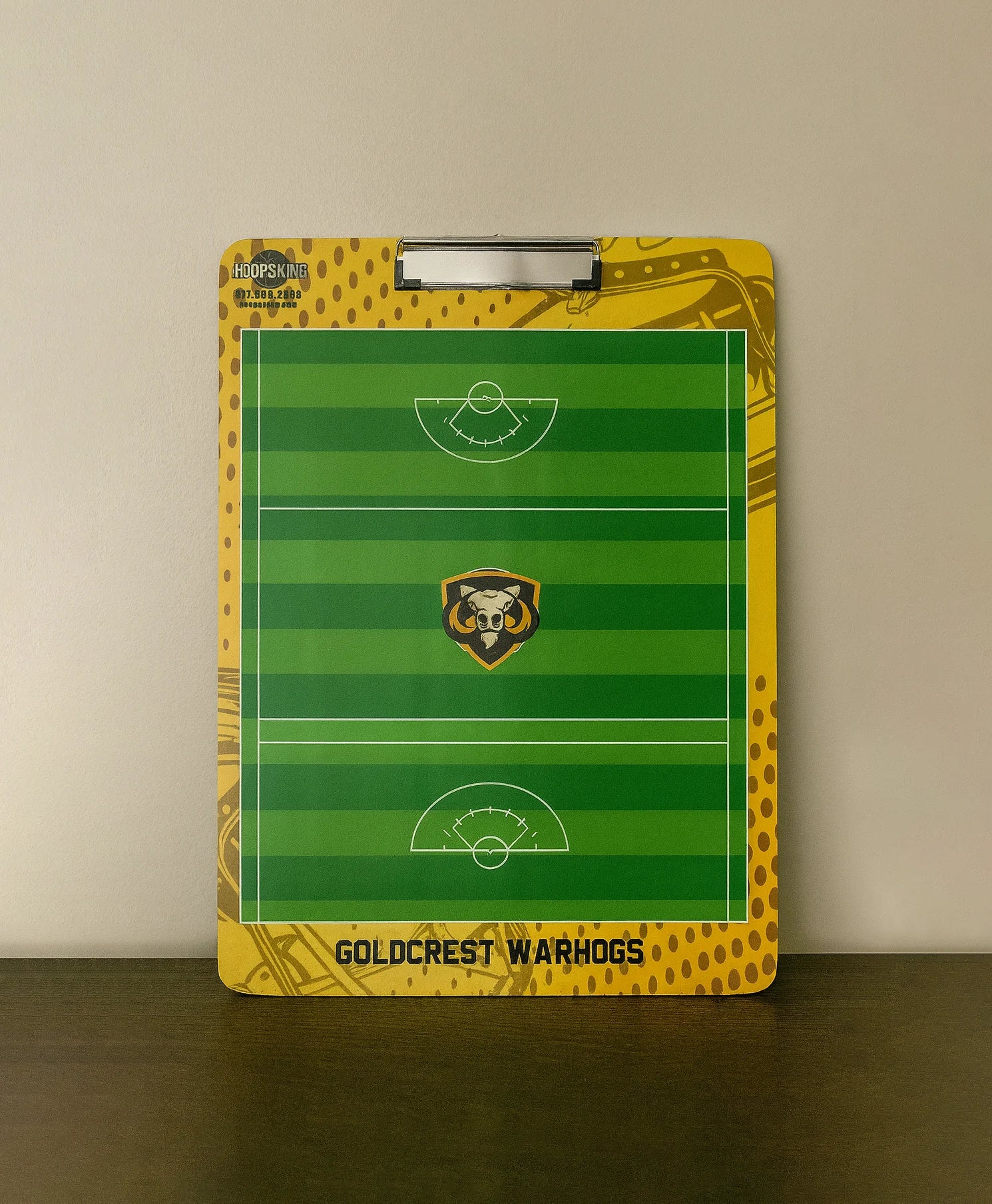 Lacrosse coaching clipboard with custom name, logo, and professional double-sided design.