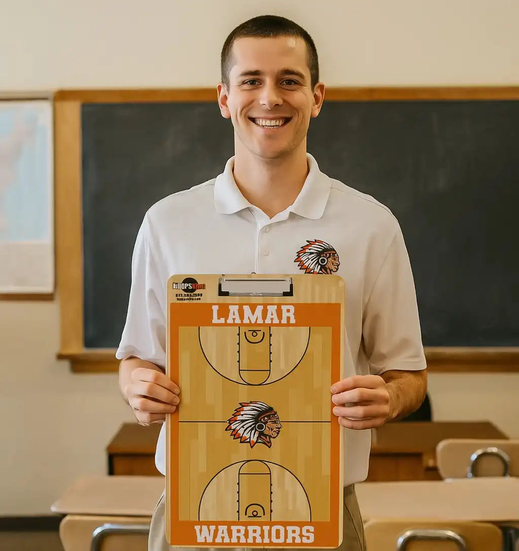 Double-sided basketball coaching clipboard with half-court and full-court layouts