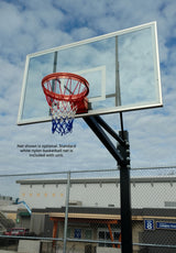 Polycarbonate basketball hoop with red rim and blue/white net against a cloudy sky.