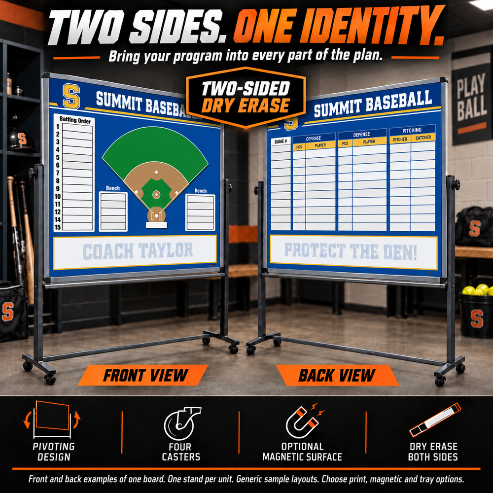 Custom Baseball / Softball mobile coaching board: Baseball / Softball mobile sample face with varied team colors and source-informed sport diagrams or writing areas. Generic AI sample illustration. Final artwork follows the selected product designer.