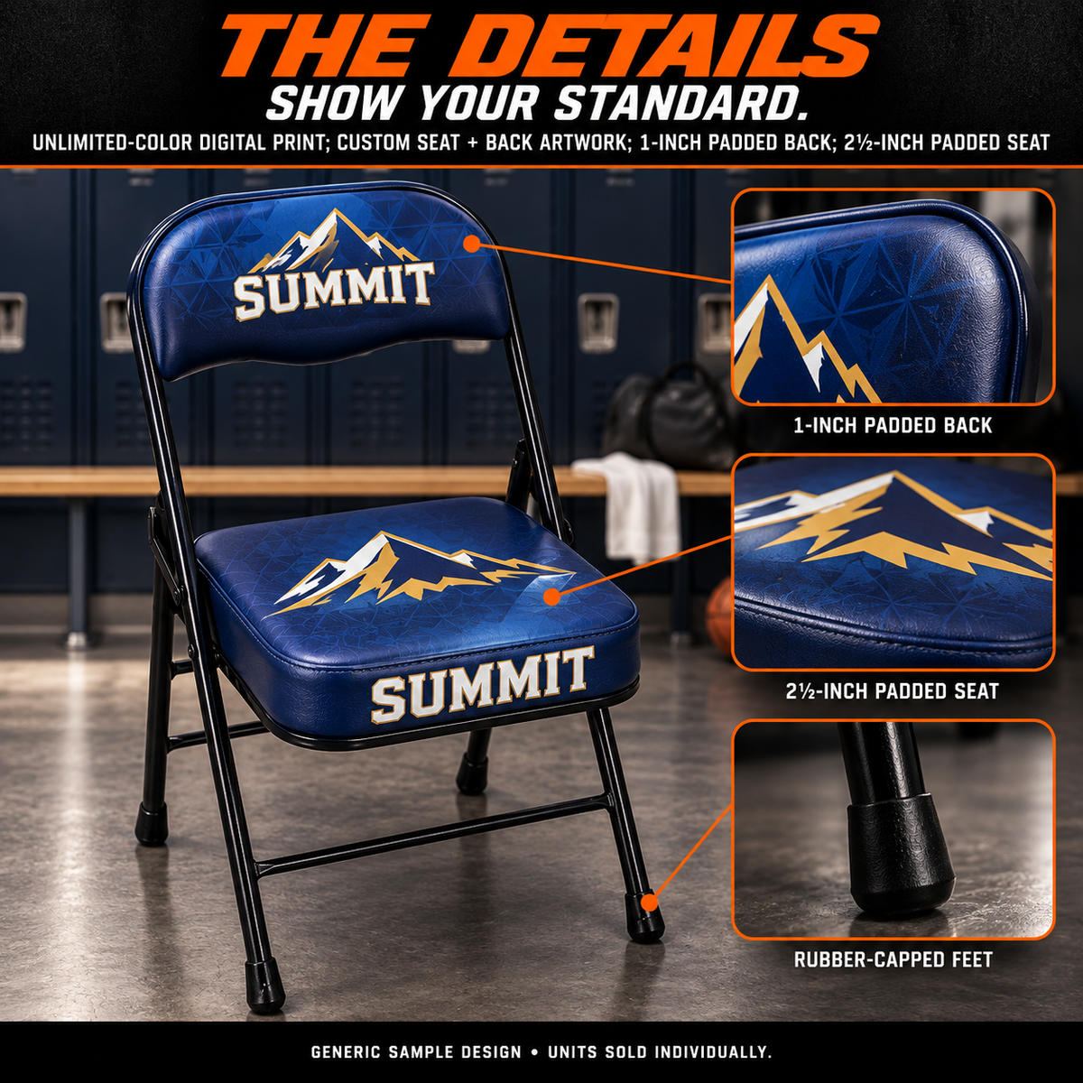 Digitally printed sideline chairs: verified padding, print and folding-frame features. AI illustration with a generic sample design; each chair is a separate unit.