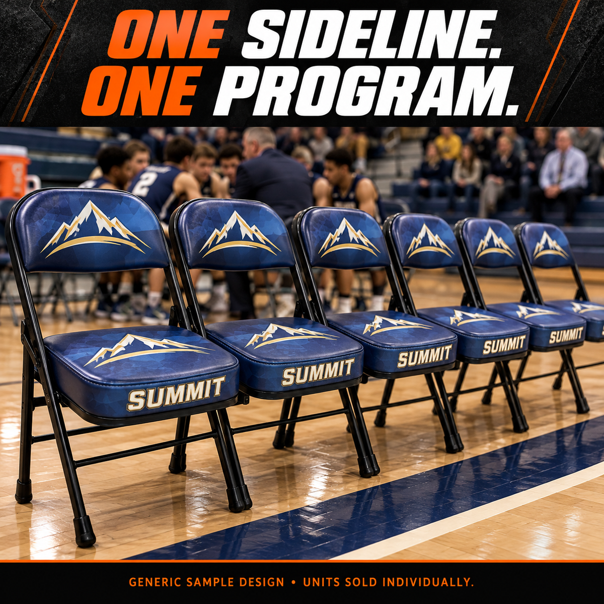 Digitally printed sideline chairs: matching seats for a coordinated program order. AI illustration with a generic sample design; each chair is a separate unit.