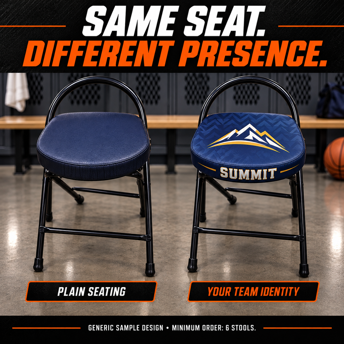 Locker-room stools: plain and custom versions of the same seating model. AI illustration with a generic sample design; minimum order six stools.