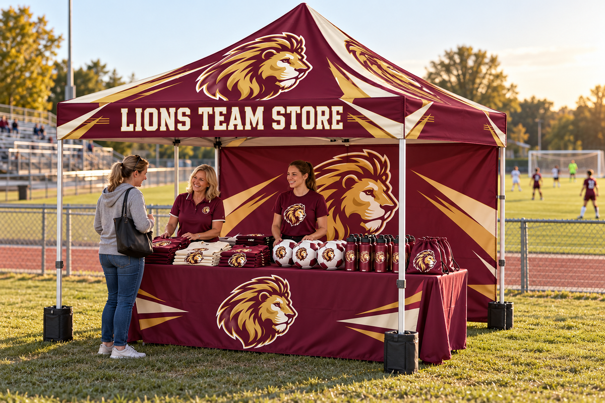 School booster volunteers sell custom soccer balls, bottles and bags beneath a team tent at a soccer game.
