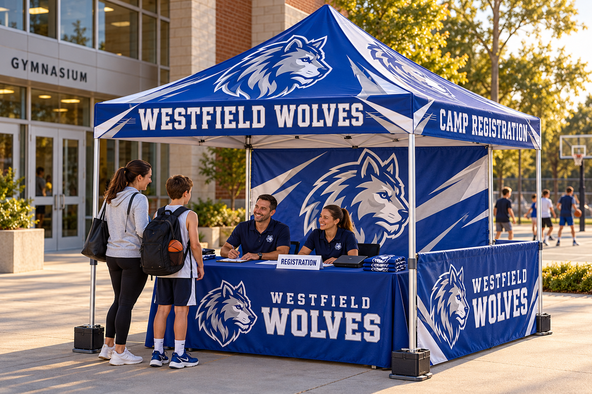 School camp registration tent with optional printed walls and an open front.