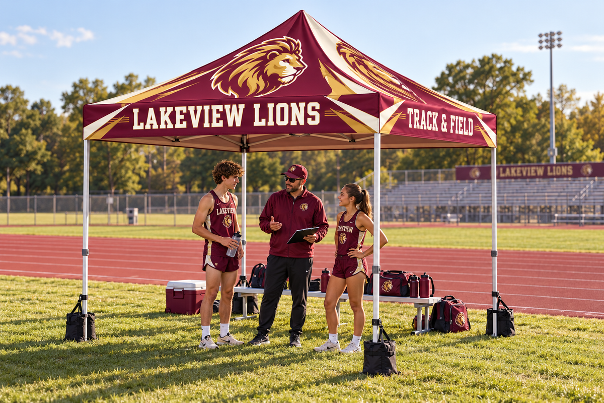 School coach and athletes regroup beneath a coordinated custom team tent.
