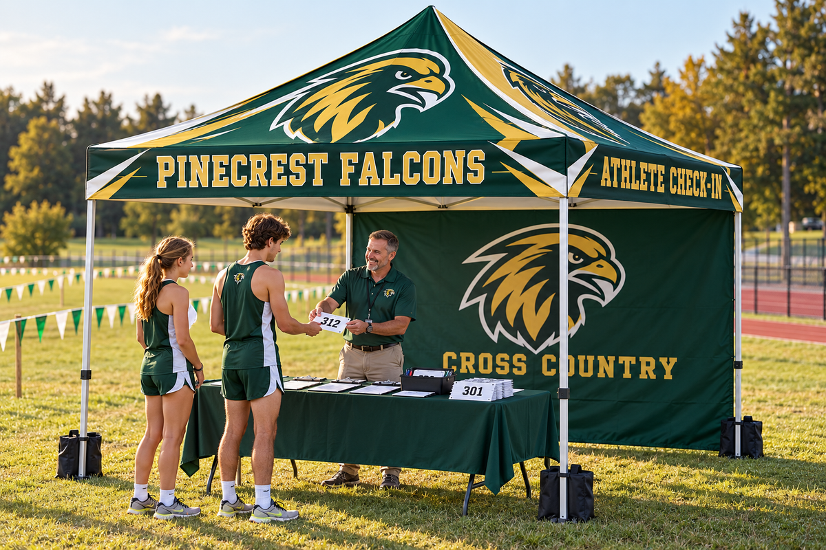School athletes collect race bibs from an official beneath a custom tent.