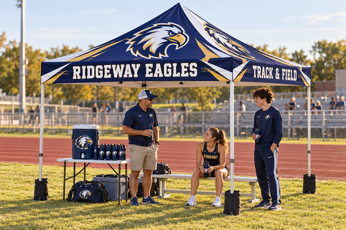 School athletes take a break beside a custom team tent with a cooler and water bottles.