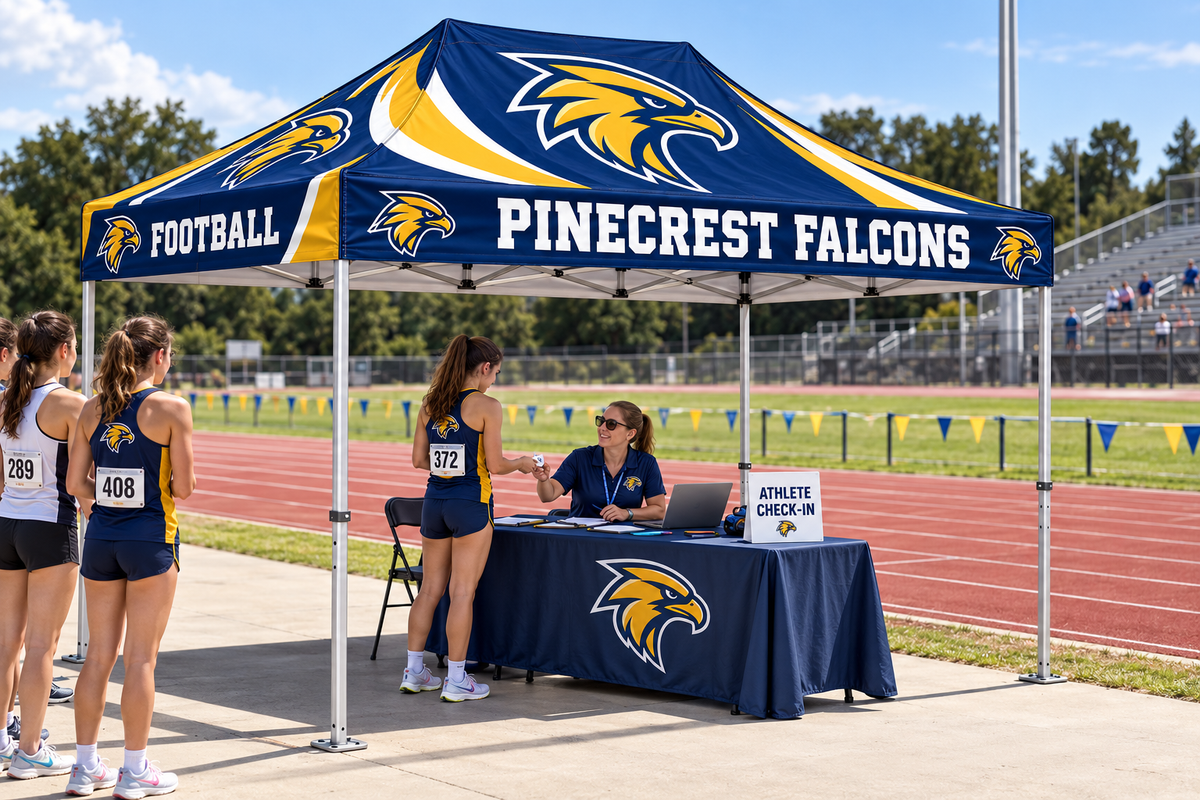 School athletes collect race bibs from an official beneath a custom tent.