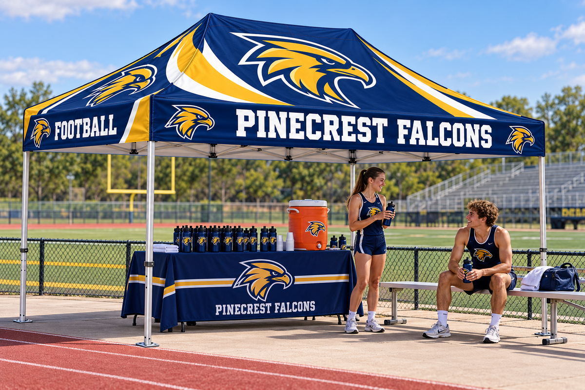 School athletes take a break beside a custom team tent with a cooler and water bottles.