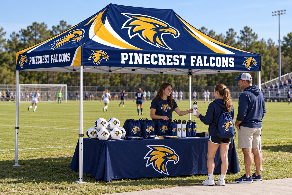 School booster volunteers sell custom soccer balls, bottles and bags beneath a team tent at a soccer game.