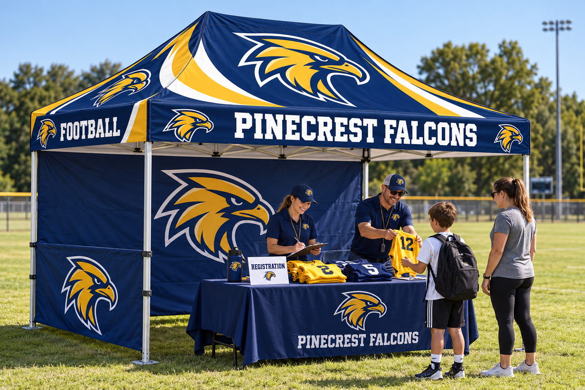 School camp registration tent with optional printed walls and an open front.