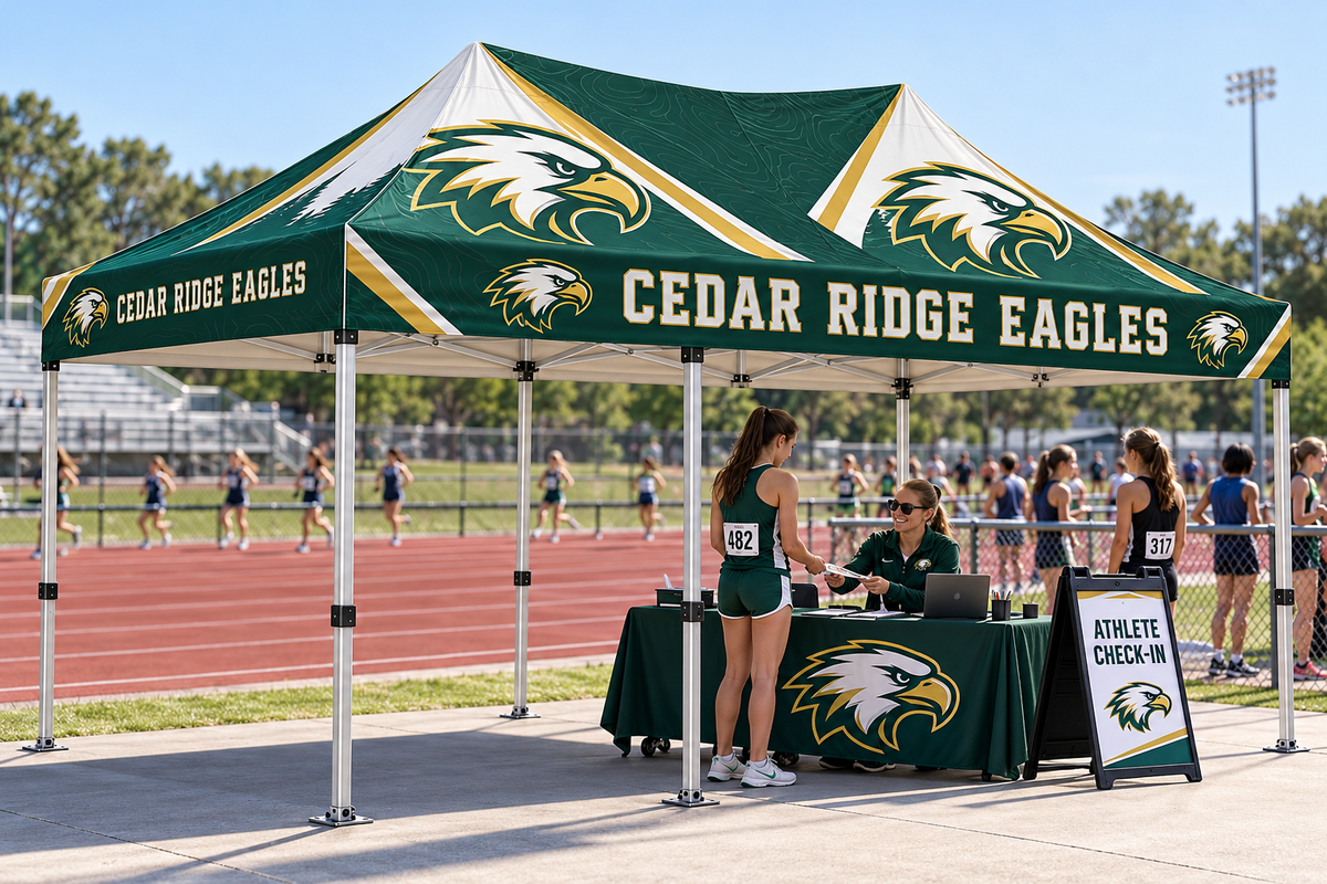 School athletes collect race bibs from an official beneath a custom tent.