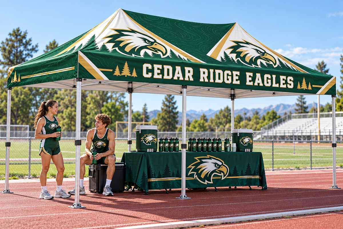 School athletes take a break beside a custom team tent with a cooler and water bottles.