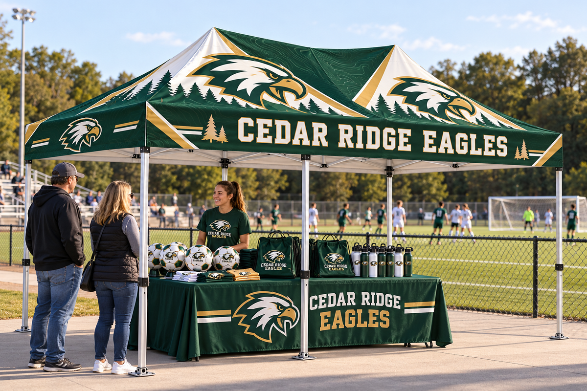 School booster volunteers sell custom soccer balls, bottles and bags beneath a team tent at a soccer game.