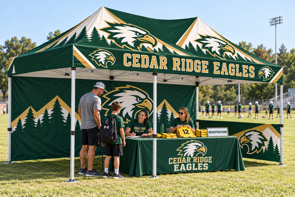 School camp registration tent with optional printed walls and an open front.