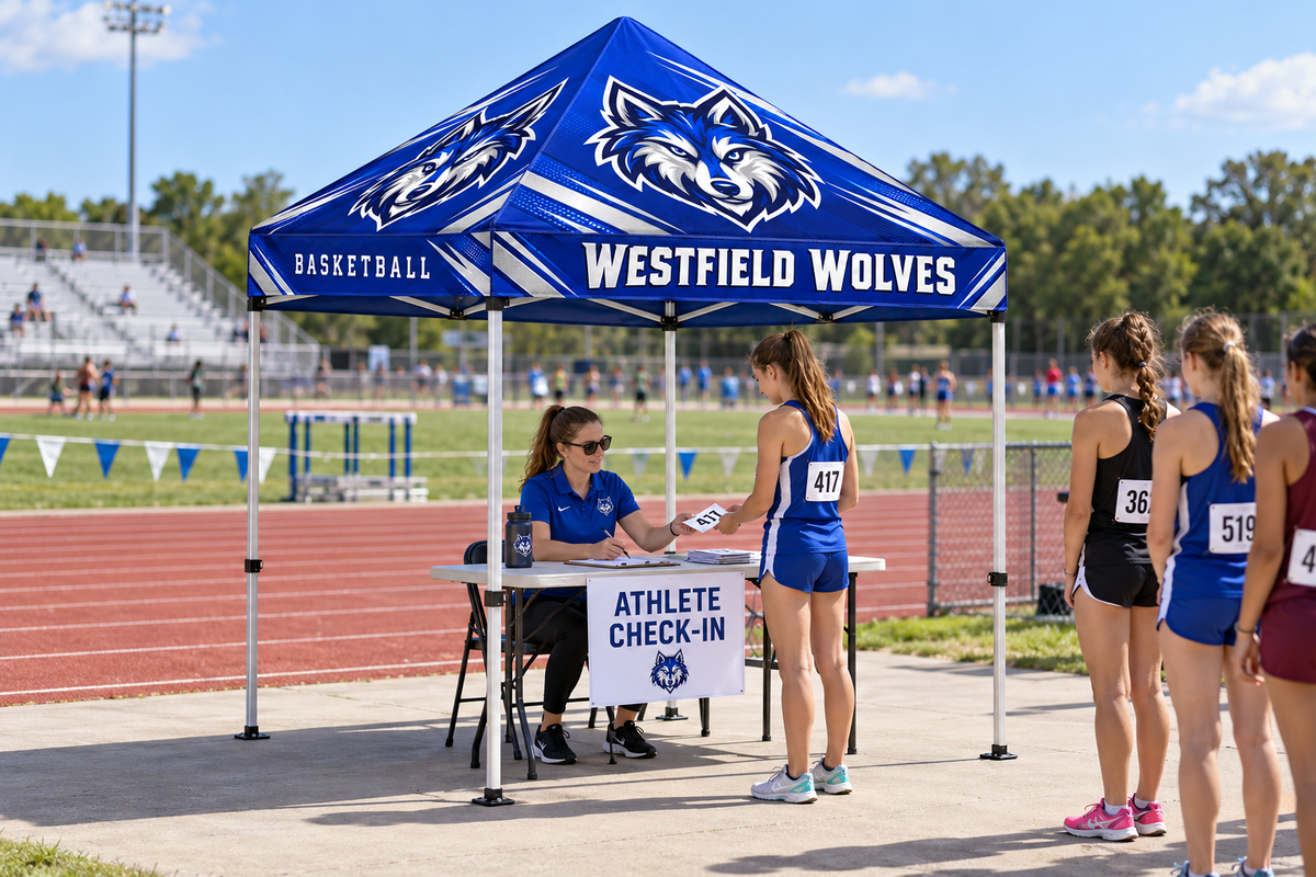 School athletes collect race bibs from an official beneath a custom tent.