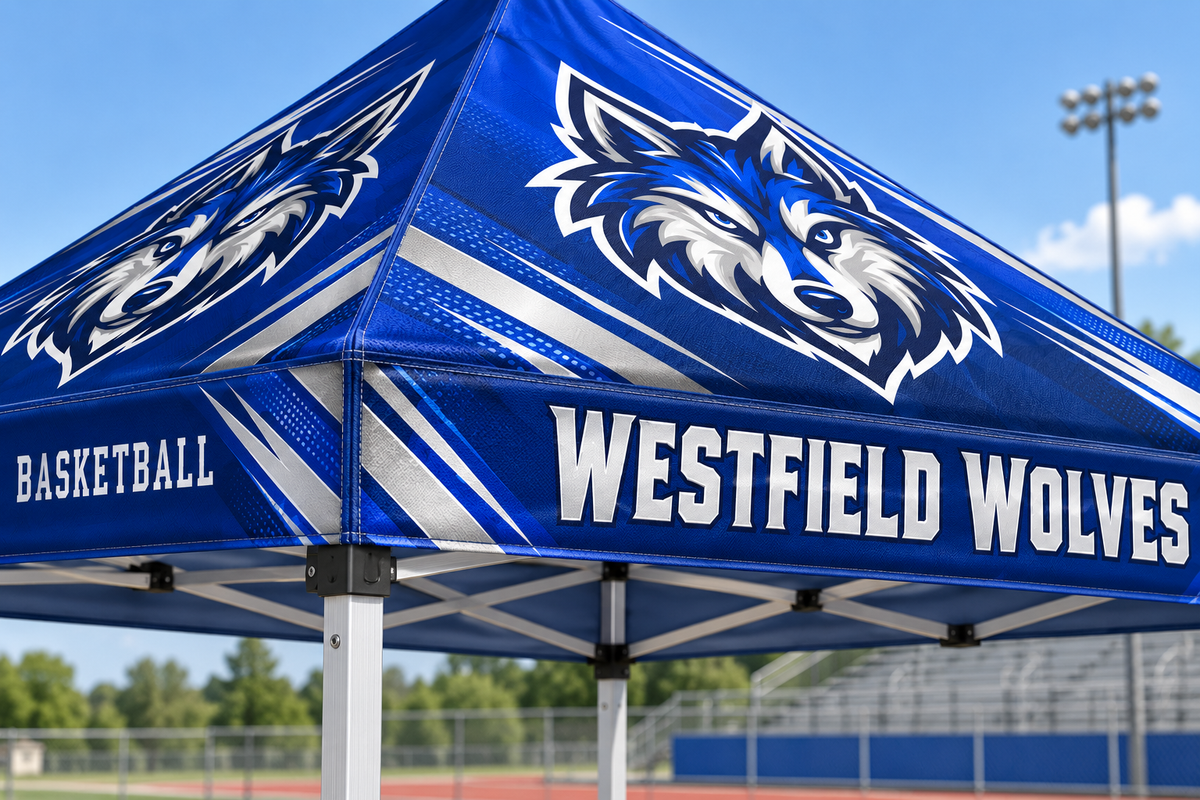 Custom school mascot and lettering printed on canopy roof and valance fabric.