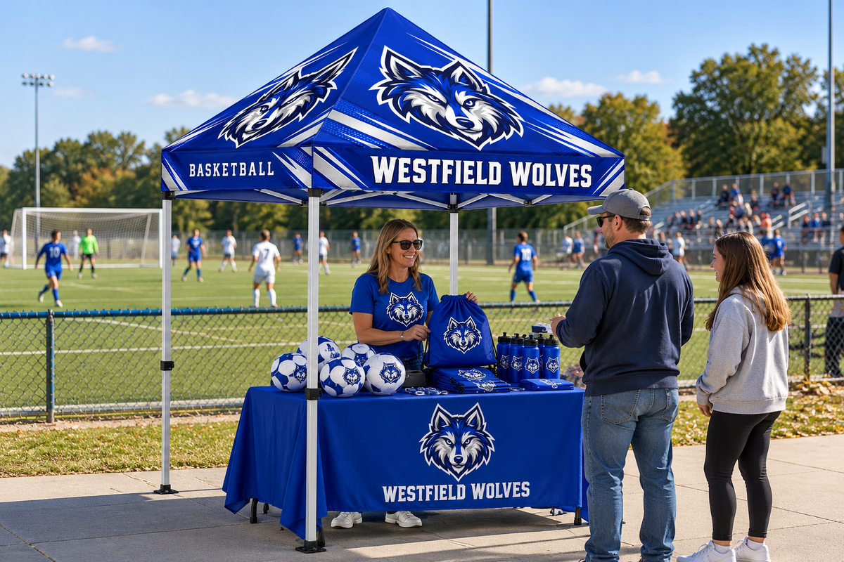 School booster volunteers sell custom soccer balls, bottles and bags beneath a team tent at a soccer game.