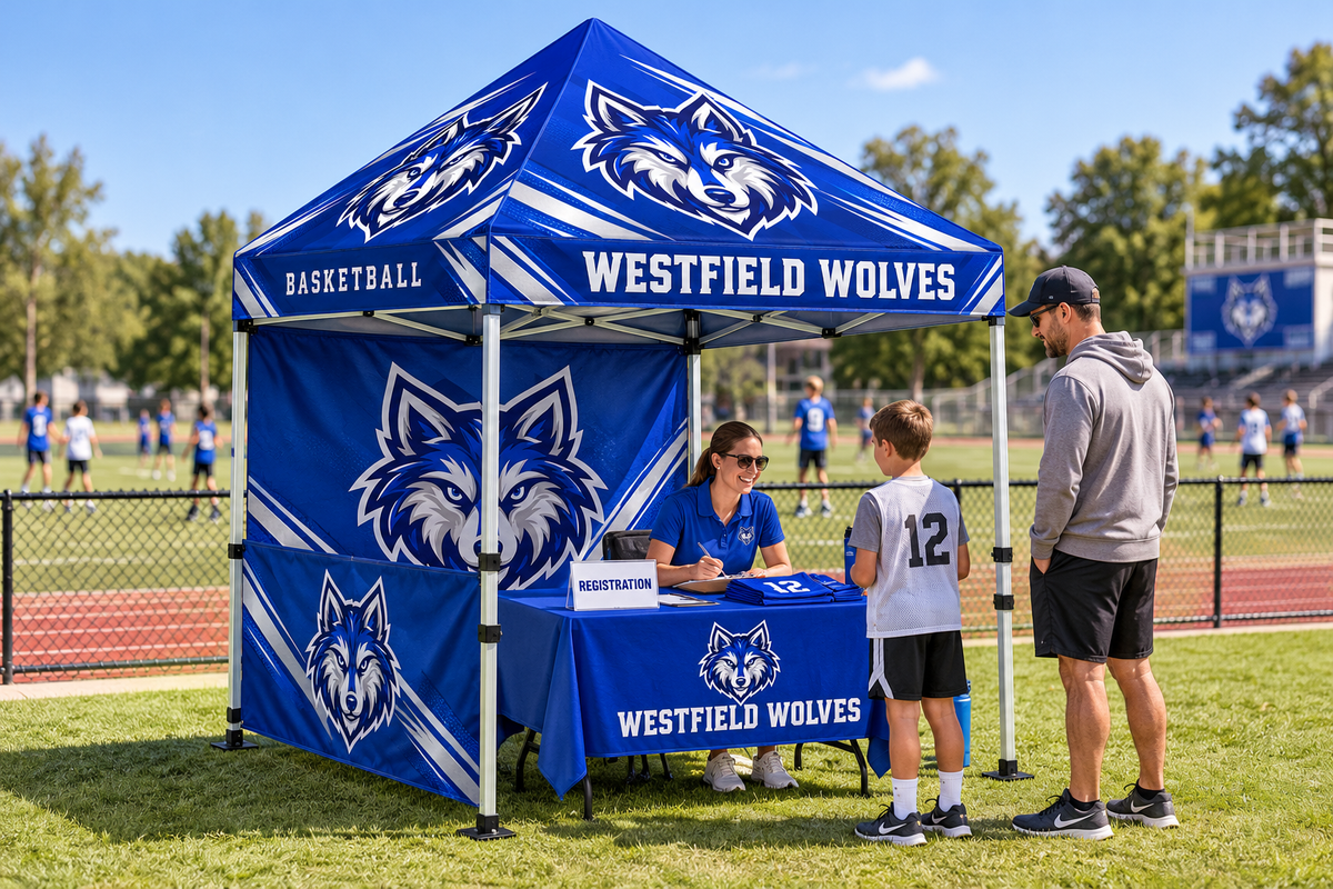 School camp registration tent with optional printed walls and an open front.