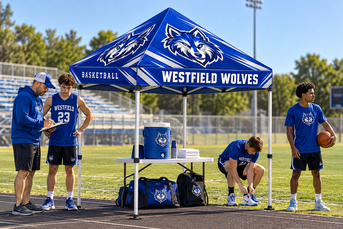 School coach and athletes regroup beneath a coordinated custom team tent.