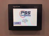 Schneider Electric Magelis touch screen controller displaying "PSS Performance Sports Systems" logo and a login button.