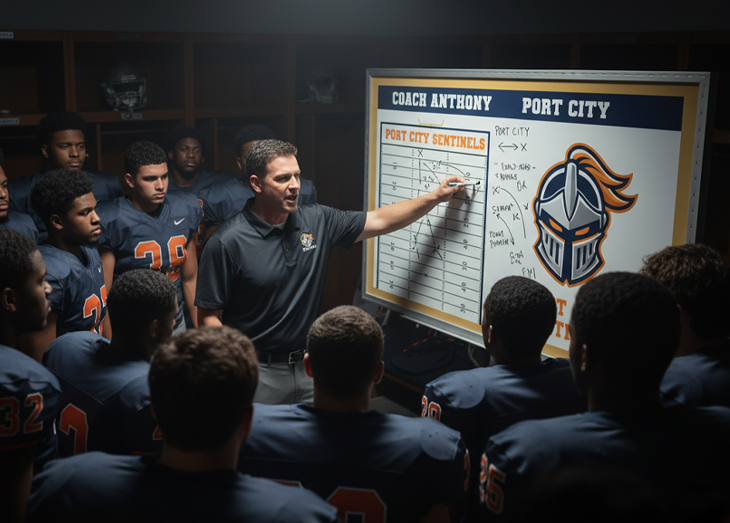 A hockey coach mentors a young player in a locker room, both looking at a 'Sterling City Sabers' whiteboard. The surrounding text emphasizes that this is where tradition is built, and it's a testament to the team's legacy.