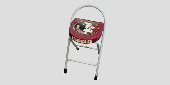 White metal stool with a round maroon seat featuring the Florida State Seminoles logo.