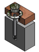 Diagram of a wood sleeper anchored to a concrete block with a metal anchor and sleeve.