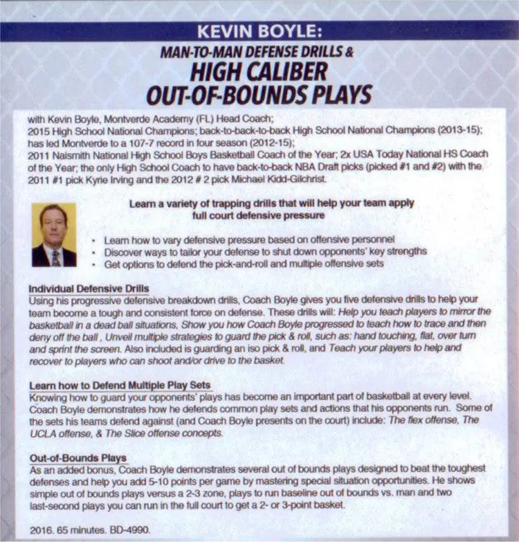Man To Man Defensive Drills And Out Of Bounds Plays by Kevin Boyle Instructional Basketball Coaching Video