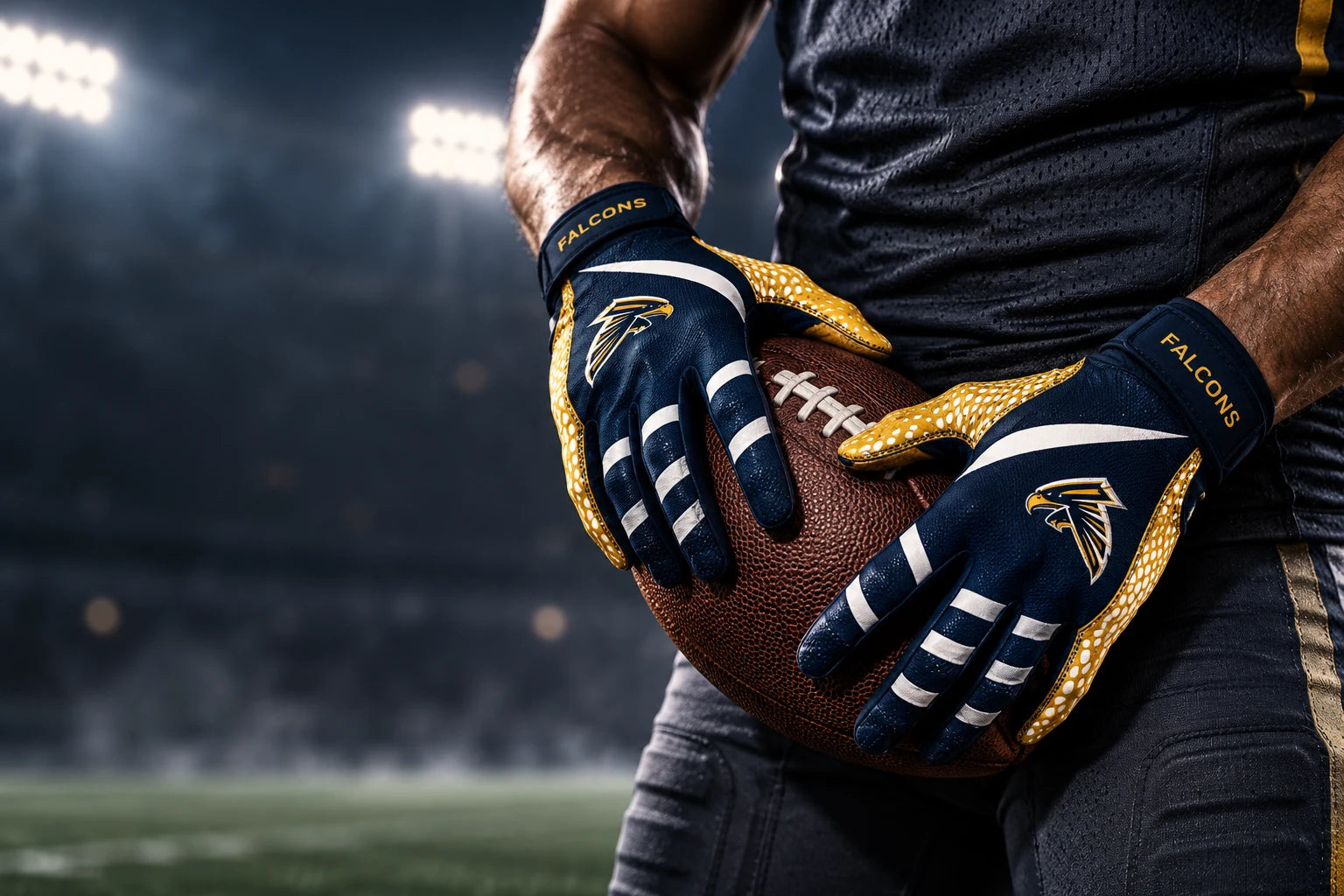 Football player holding a ball in navy and gold Falcons custom receiver gloves.