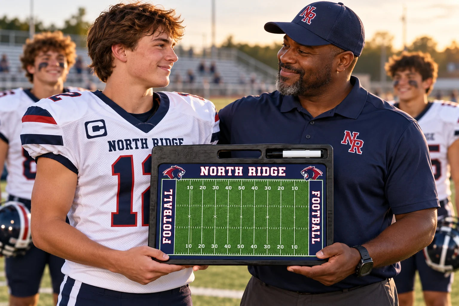 Illustrative North Ridge football players presenting a custom Pro coaching board to their coach