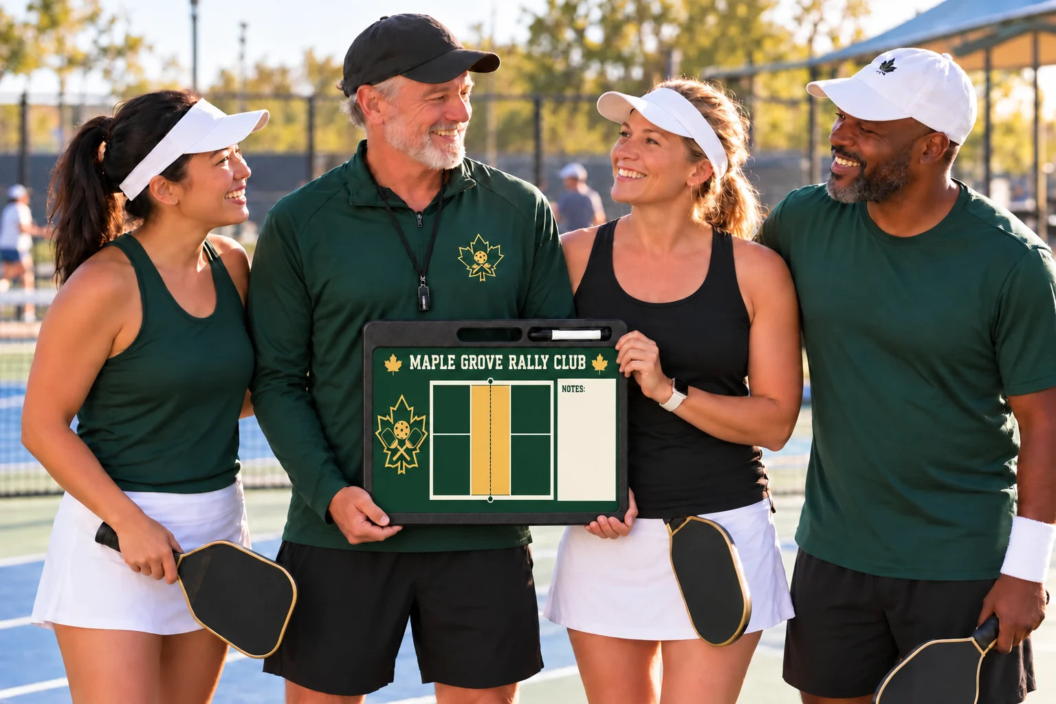 Illustrative Maple Grove Rally Club players presenting their pickleball coach with a custom Pro board