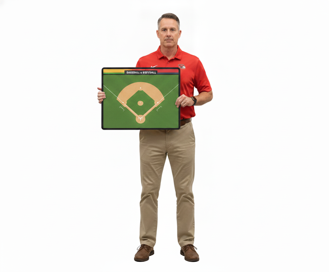 Baseball and softball coach holding a custom HoopsKing coaching board