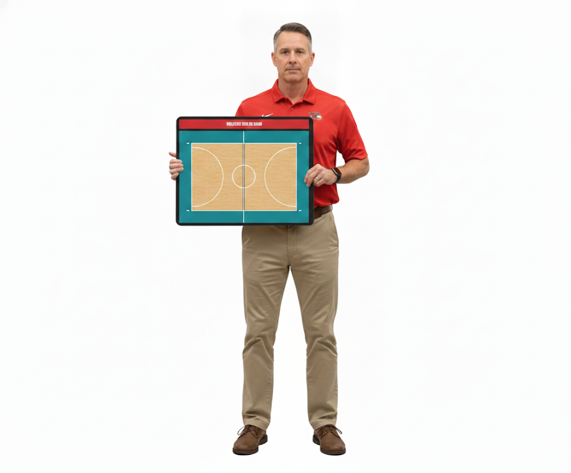 Volleyball coach holding a custom HoopsKing coaching board
