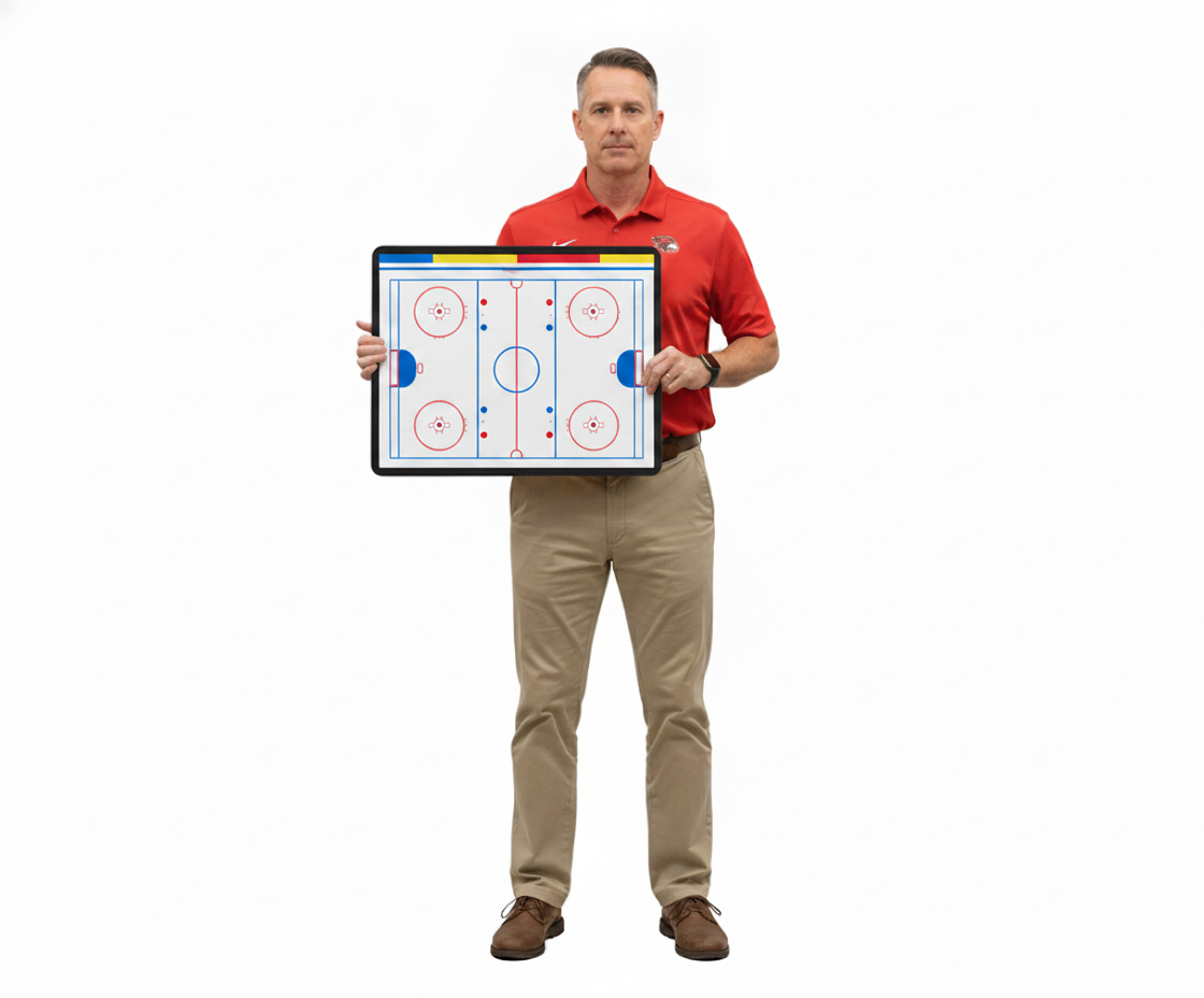 Hockey coach holding a custom HoopsKing coaching board