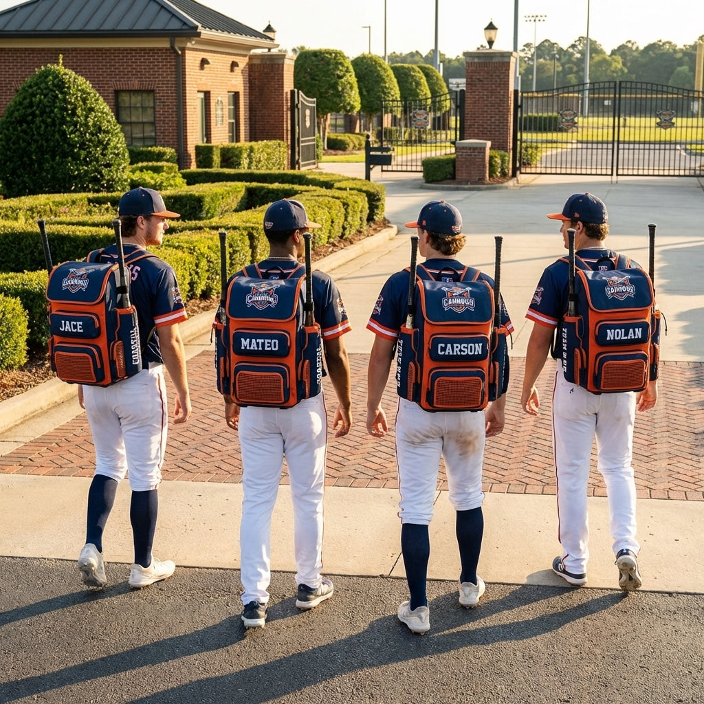 Baseball players walking onto the field with their gear