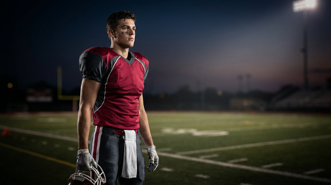 Youth football player in a game-ready stance on the field